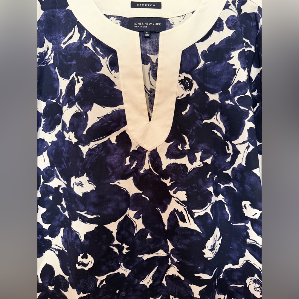 NWT Jones New York Signature Cotton V Neck Tunic Top Floral Print - Navy Wht -XL - Picture 4 of 10